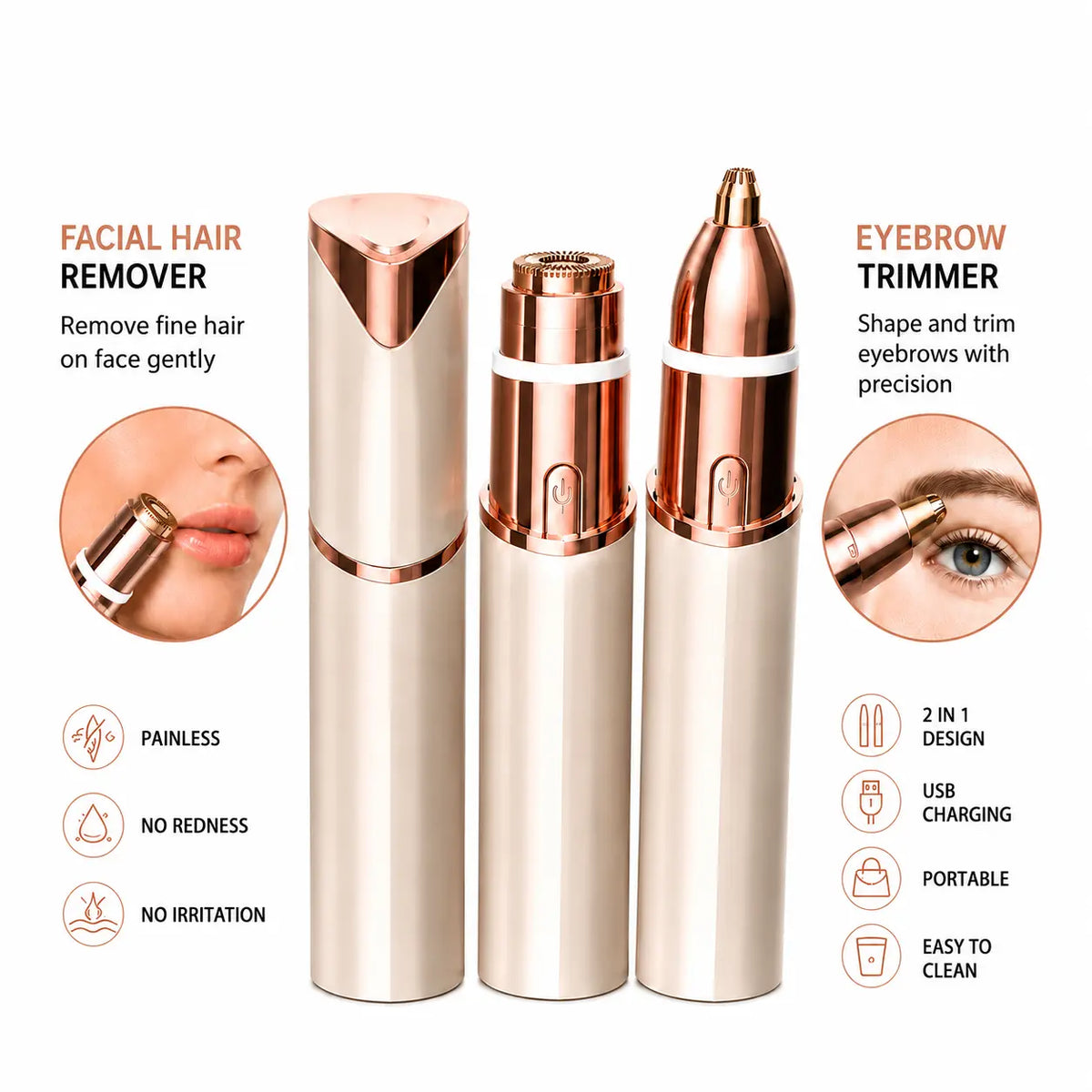 Zivora 2-in-1 Facial & Brow Trimmer, USB Rechargeable