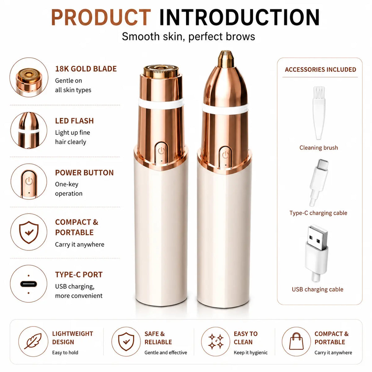 Zivora 2-in-1 Facial & Brow Trimmer, USB Rechargeable